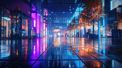 A rainy neon cityscape at night, with glowing lights and reflective wet streets in a futuristic world