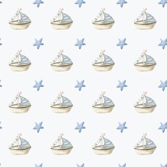 Playful marine pattern with boats and stars in soft blues for textiles and wrapping