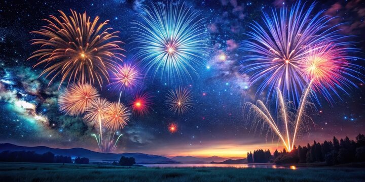 Feuerwerk am Abend mit einer Panorama-?bersicht ?ber eine dunkelblaue Landschaft, beleuchtet von hellen Farben und einem leuchtenden Sternenhimmel, fireworks evening, outdoor scene