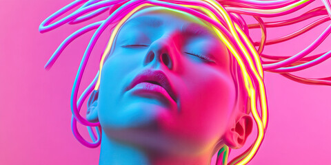 Stylized Female Face with Neon Light Tubes