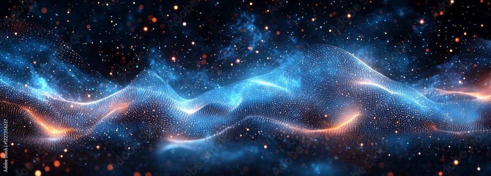 Poster digital technology background with a dynamic wave of glowing points, perfect for futuristic presenta