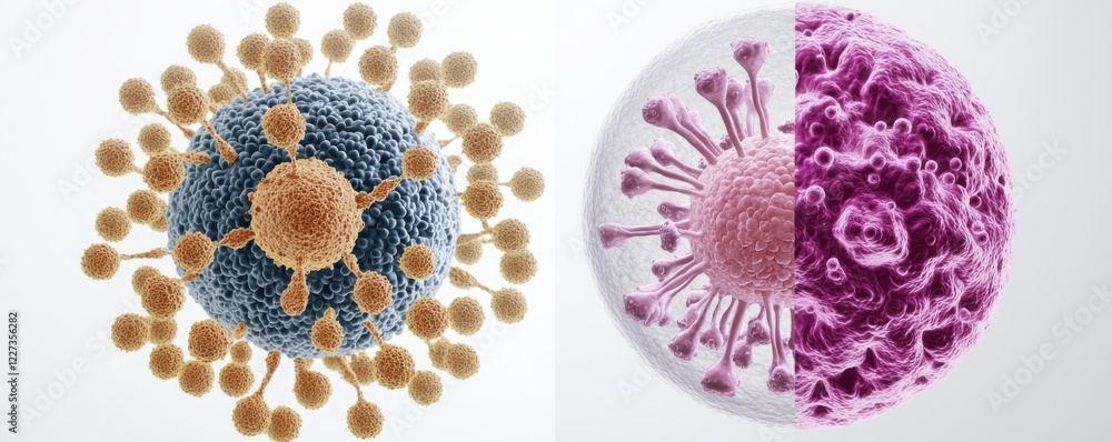 Poster image depicts a scientific illustration of viral structures, showcasing distinct features of two dif
