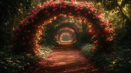 Obraz premium Enchanting Pathway Surrounded by Blooming Flower Arches in a Lush Green Garden with Soft Sunlight