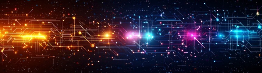 An abstract technological background featuring a printed circuit board with diverse elements. The depth of field effect and bokeh can serve as a dynamic digital wallpaper