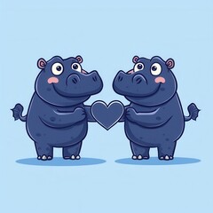 Hippo couple forming a heart with their tails, romantic and cute