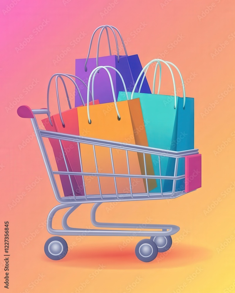 Fototapete a simple, elegant stack of shopping bags in a shopping cart, with each bag in a different color to r