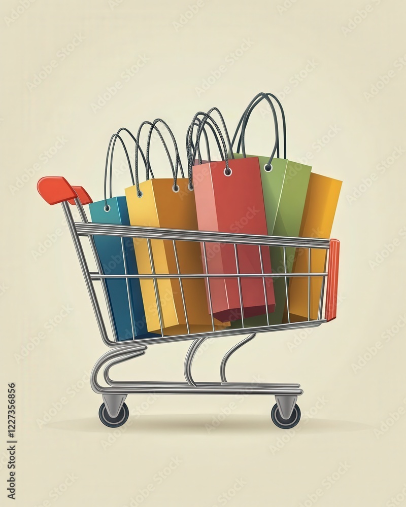 Fototapete a simple, elegant stack of shopping bags in a shopping cart, with each bag in a different color to r