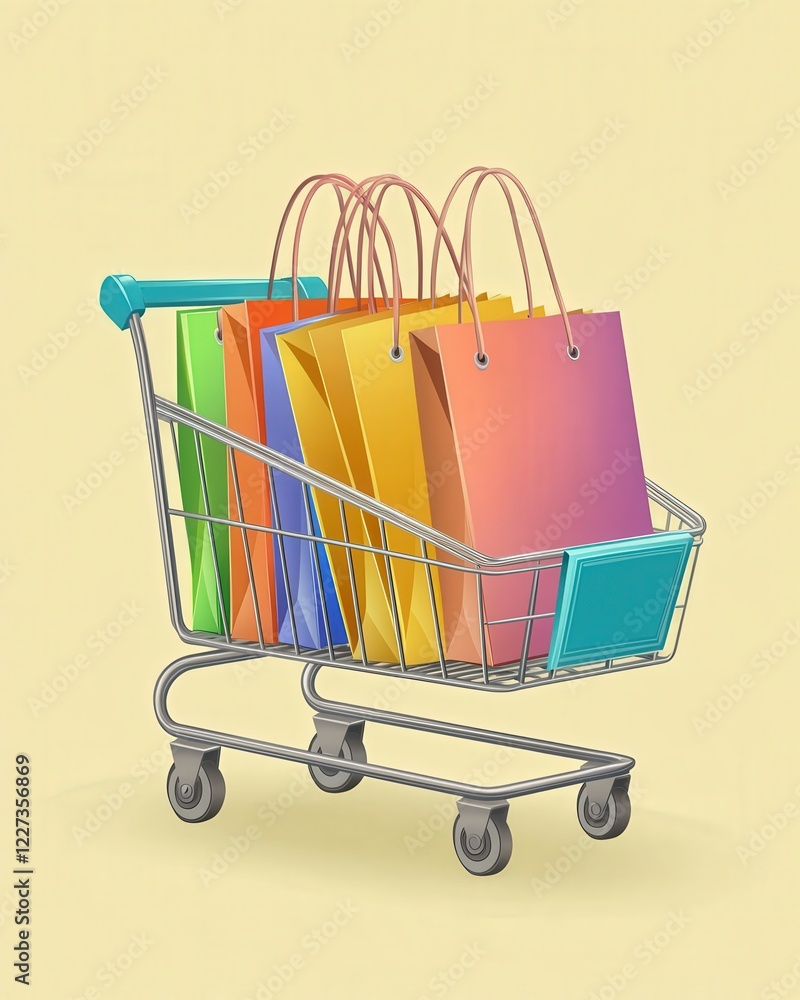 Fototapete a simple, elegant stack of shopping bags in a shopping cart, with each bag in a different color to r