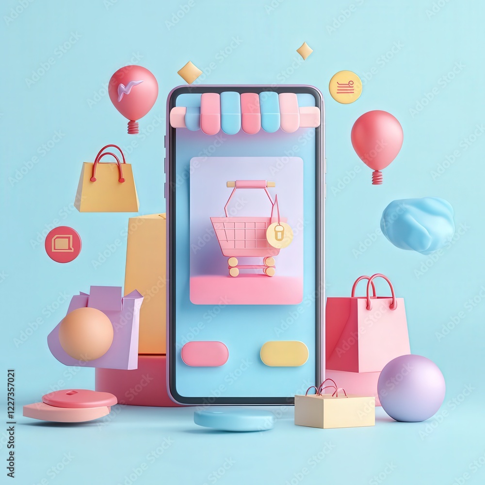 Poster a sleek 3d minimal design displaying a smartphone with an online shopping app. the banner background