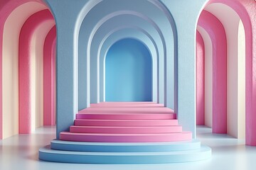 高品质3D渲染图展现白色圆形底座置于浅蓝色背景之上，产品展示架由聚光灯照亮。干净的演播室平台，专为产品宣传设计。