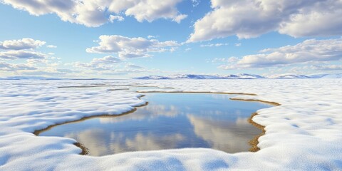 Obraz premium Melted snow forms shimmering pools mirroring azure skies, as warm earth tones surface, heralding spring's quiet approach.