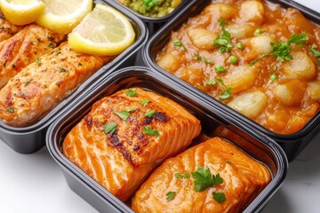 Eco-friendly packaging delivers fresh meals efficiently. Delicious meal prep containers with salmon and vegetables.