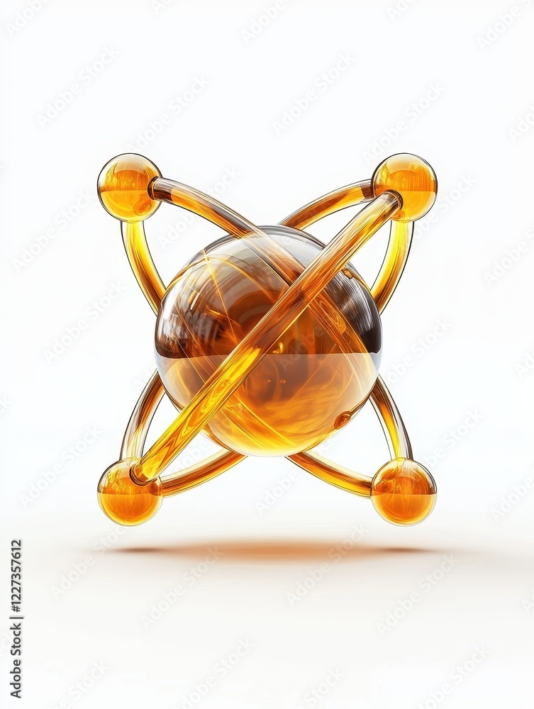 Poster scientific visualization of a glowing amber atom structure laboratory setting 3d model modern aesthe