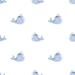 Delightful marine pattern featuring playful blue whales ideal for textile and wrapping designs