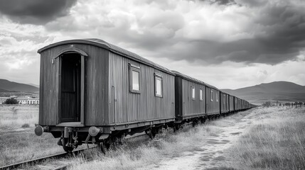 Obraz premium white image capturing the side profile of a long train, the carriages stretching endlessly into the misty horizon