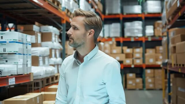 Portrait of  business man checking goods and supplies on shelves with goods background in warehouse.logistic and business export