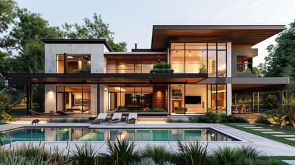 Fototapeta premium Modern luxury house with large windows and pool, surrounded by greenery and trees