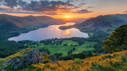 Sunset reflection over tranquil lake mountain valley landscape photography scenic nature aerial view serene beauty