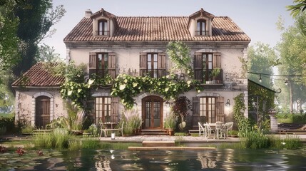 Obraz premium Charming countryside house surrounded by lush greenery and a serene pond, ideal for relaxation