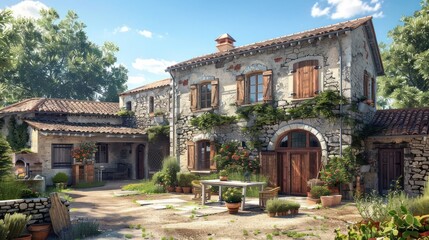 Charming rustic stone house surrounded by lush greenery and vibrant flowers in a sunny garden