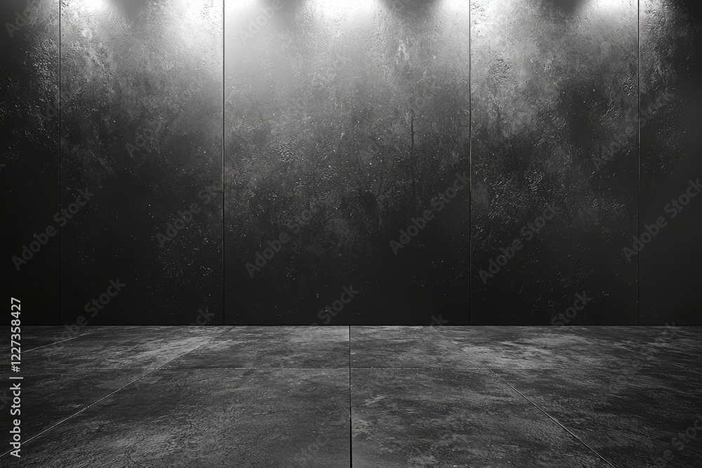 Poster abstract image showcasing a studio with a dark room featuring a concrete floor texture and a lightin