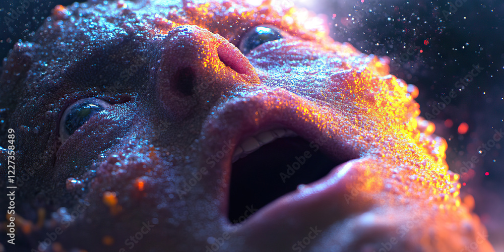 Poster close-up of a digitally rendered face with iridescent texture