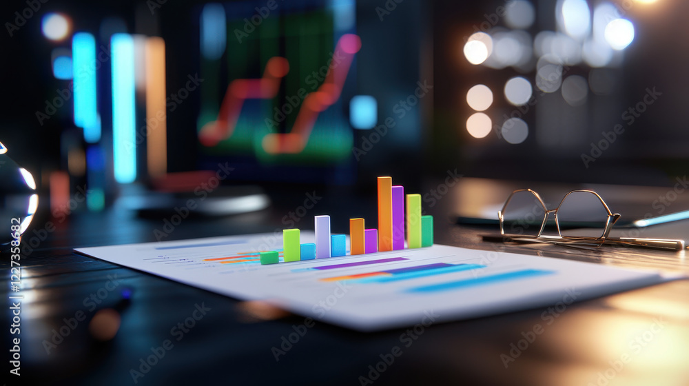 Poster modern office scene featuring colorful charts and reports on table, showcasing data analysis and bus