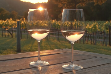 Two Glasses of White Wine at Sunset in a Vineyard