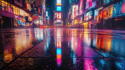 Obraz premium Vibrant neon reflections on wet streets in a futuristic city, with glowing skyscrapers and a sci-fi atmosphere