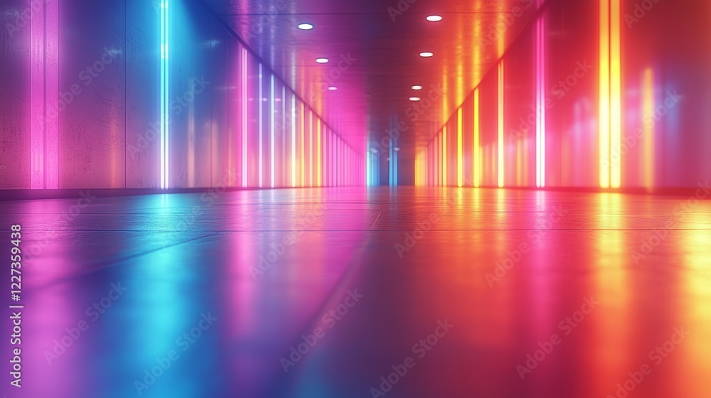 Poster a 3d render with an abstract background showcasing a colorful spectrum, punctuated by bright neon ra