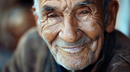 An elderly man with white hair and wrinkles smiles at the camera.