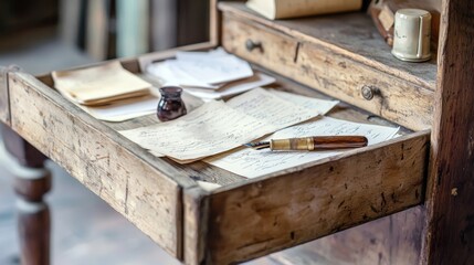 artistic view of a vintage writing table with its wooden drawer open, filled with colorful inks, brushes, and various writing instruments, creating a vibrant workspace