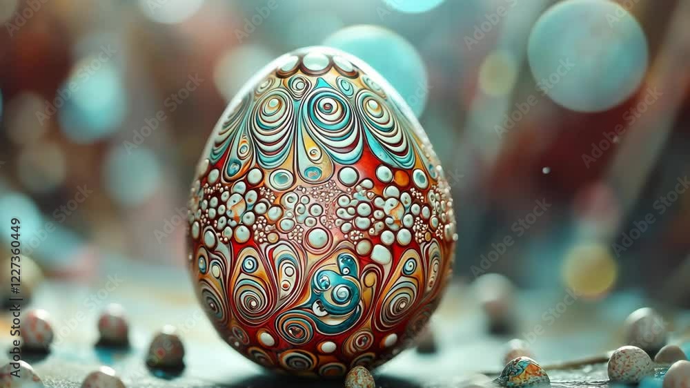 Poster decorative easter egg with intricate patterns and vibrant colors displayed on a surface during sprin