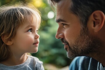 Fototapeta premium Child gazes at parent with affection in a serene natural setting on a sunny day