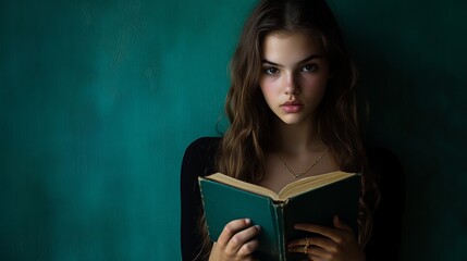 Educational narrative photography emphasizing academic stress, vibrant turquoise hardcover book contrast, classic black attire, flowing brunette hair texture, delicate gold bracelet accent, deep