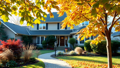 Suburban home from the front garden in early Autumn as the leaves begin to turn , with white tonespng