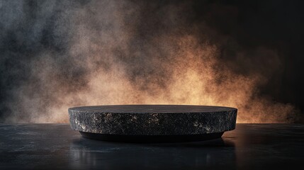 Stone podium on dark background full of smoke