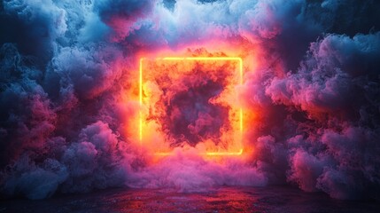 A 3D render featuring an abstract minimal background with neon lights in pink, blue, and yellow, set within a square frame that includes space for text. The scene includes stormy clouds bathed in
