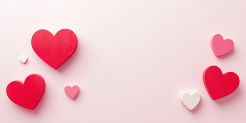 Red and white paper hearts on light pink background. Valentine's day flat lay composition. Romantic holiday decor elements for greeting cards and love messages with copy space
