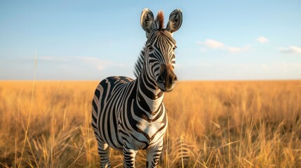 Naklejka premium Majestic zebra standing in golden grassland under a clear blue sky at sunset