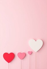 White and red paper hearts on pink background. Valentine's day decoration. Minimalist romantic composition with ascending size hearts. Love concept. Design for greeting cards with copy space