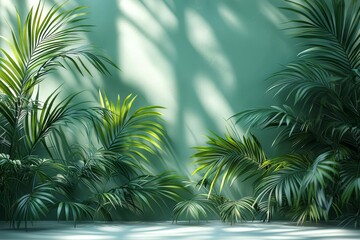 A serene backdrop featuring a premium stand with a shadow of tropical palm leaves cast upon a pastel green wall, accompanied by a gray table and a showcase display case