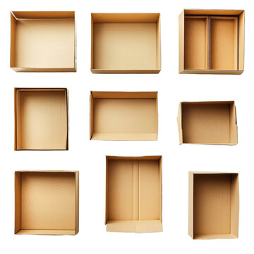 A grid of various cardboard boxes on transparent background