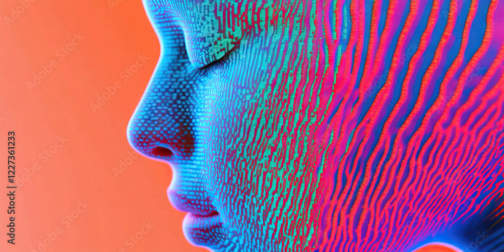 Poster neon pixelated face profile with wave pattern