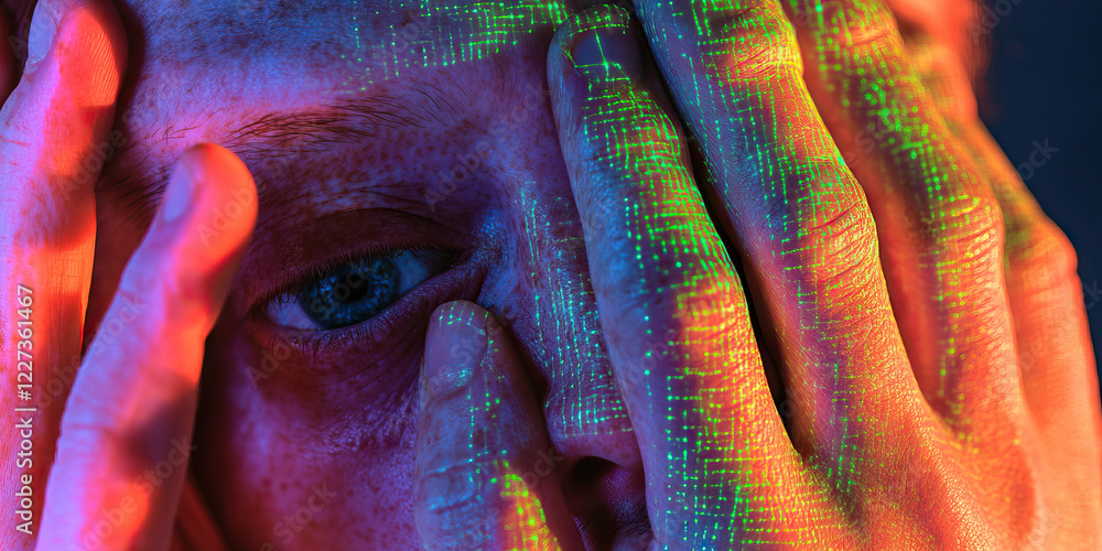 Aufkleber close-up of face and hands with projected digital pattern