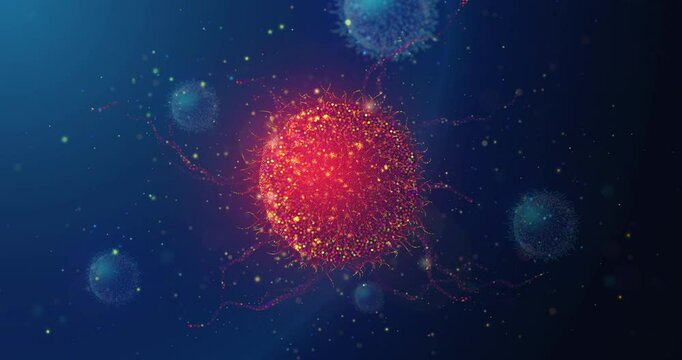 Red cancer cell made of neon glowing particles. Oncology disease diagnostic animated medical concept. Cells microbiology close-up analysis abstract looped animation on blue background