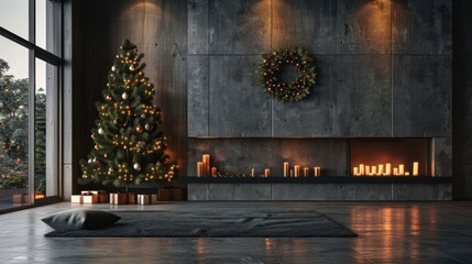 Cozy holiday living room with decorated Christmas tree, candles, and festive wreath on wall