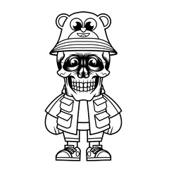 Mascot character design cartoon skull monkey hat outline