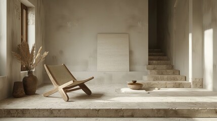 Minimalist interior design featuring a wooden chair, natural decor, and soft lighting in a serene space