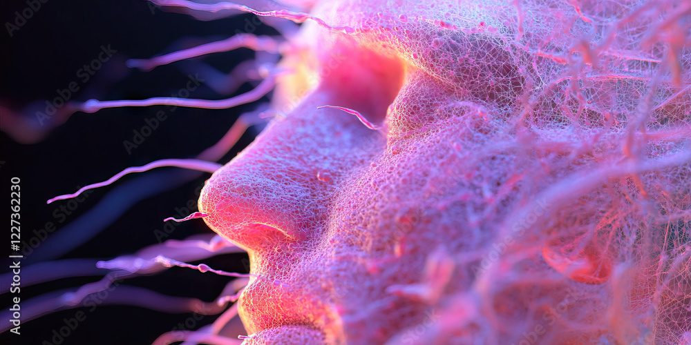 Poster digital rendering: face partially obscured by network structure